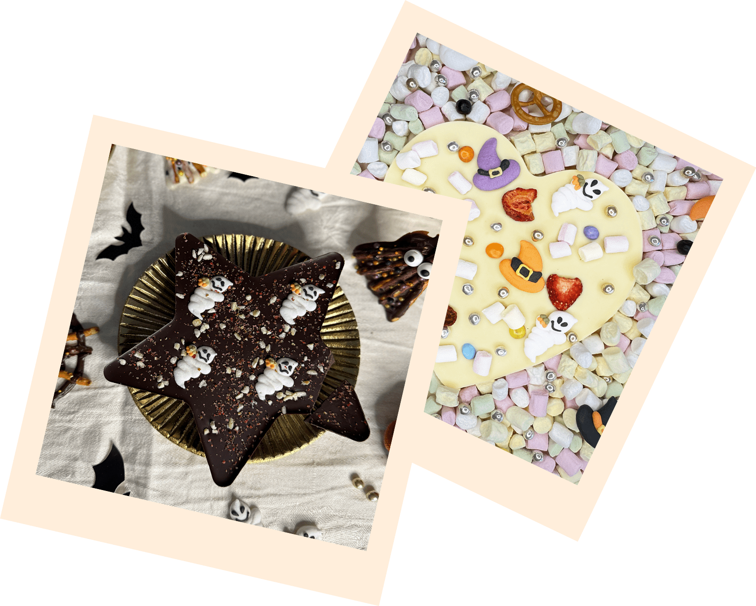 2 Polaroid-Bilder, die Schokolade in Sternform und Herzform mit bunten Toppings zeigen.