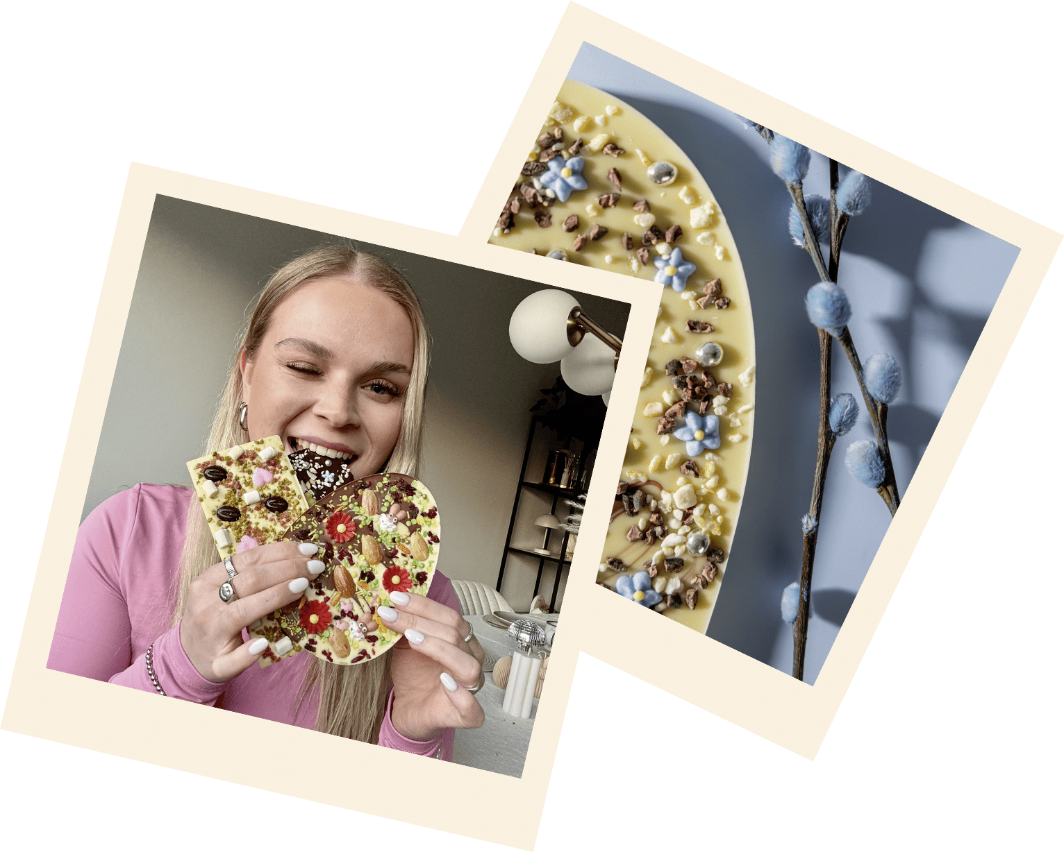 2 Polaroid-Bilder, die Schokolade in Sternform und Herzform mit bunten Toppings zeigen.