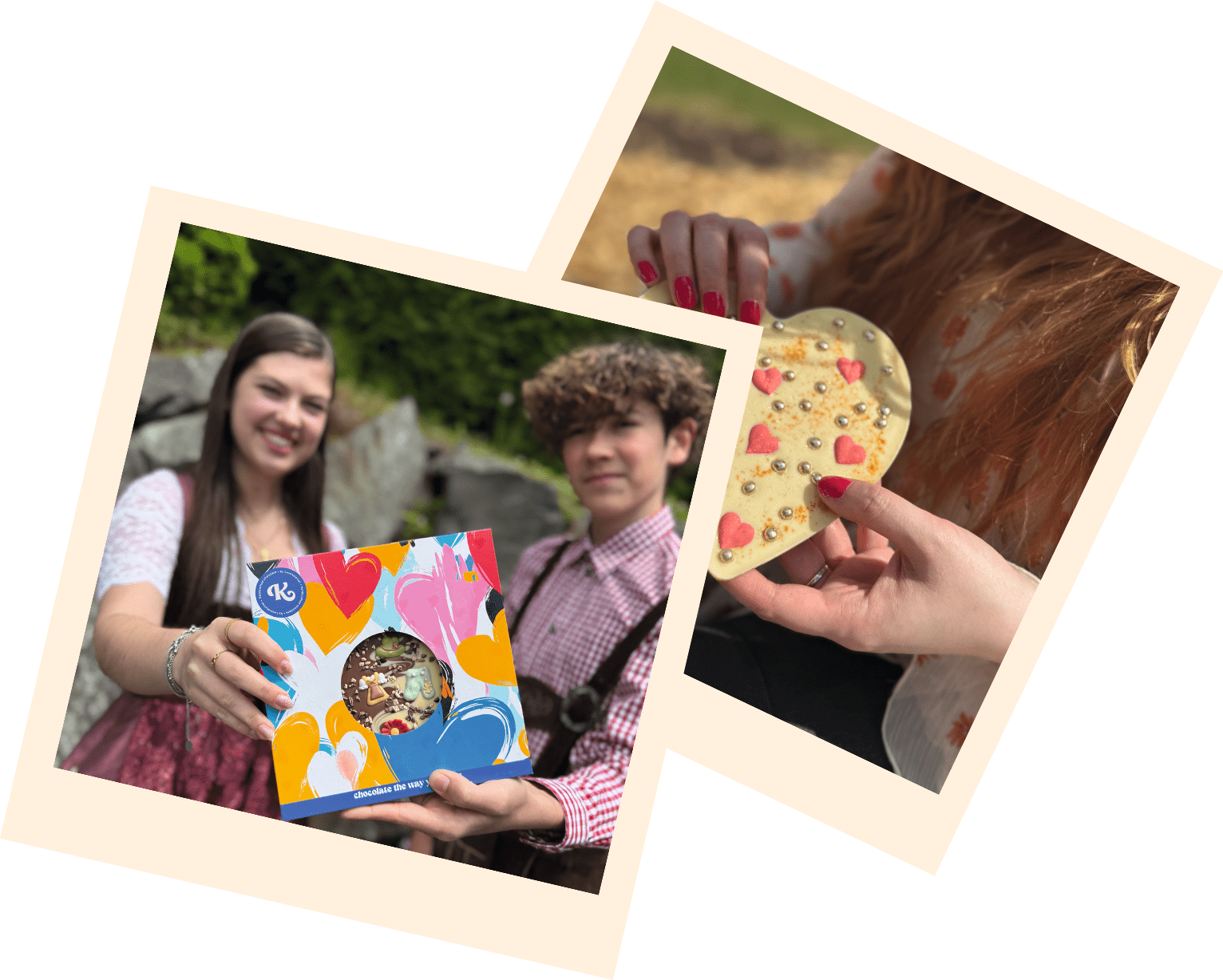 2 Polaroid-Bilder, die Schokolade in Sternform und Herzform mit bunten Toppings zeigen.