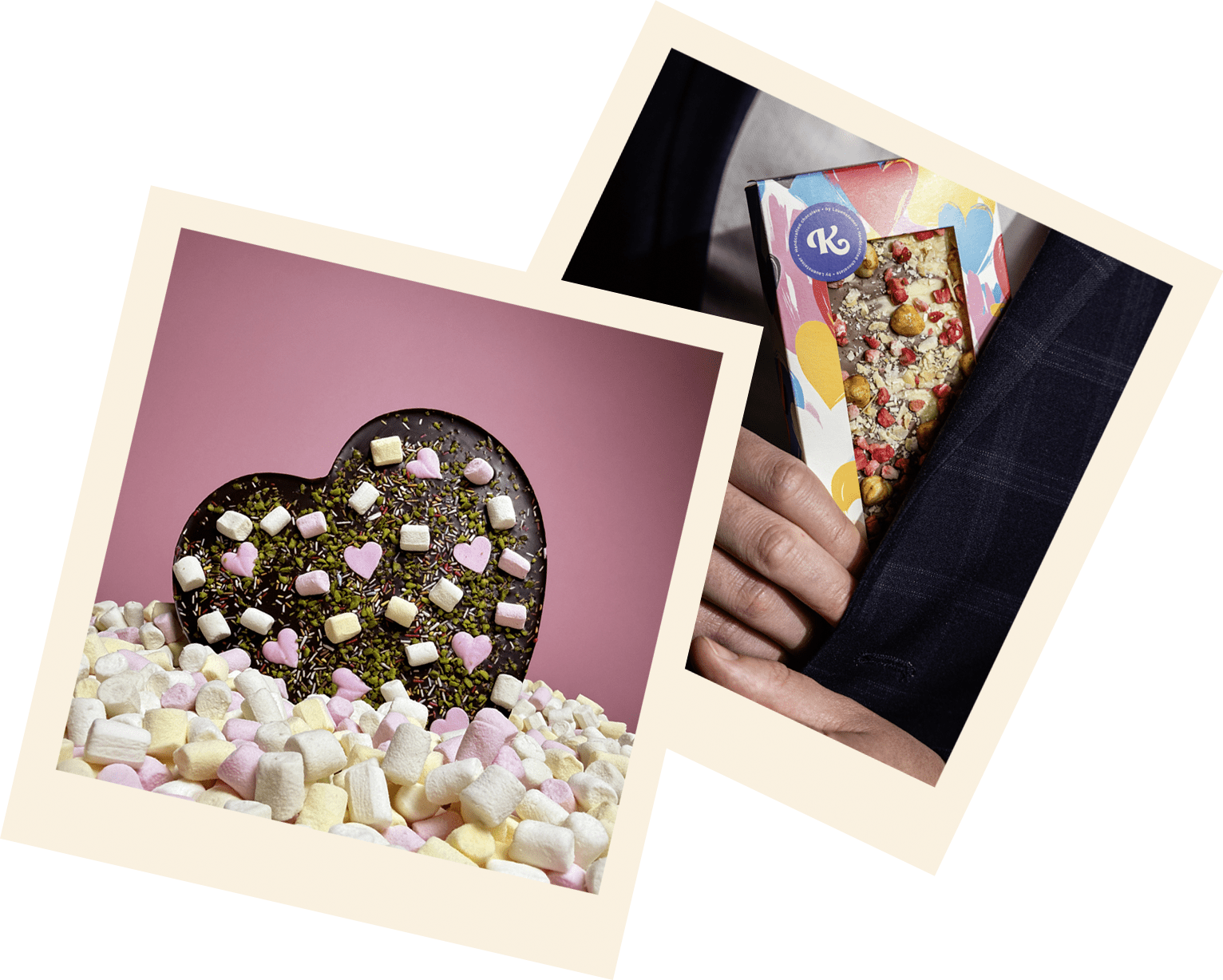 2 Polaroid-Bilder, die Schokolade in Sternform und Herzform mit bunten Toppings zeigen.