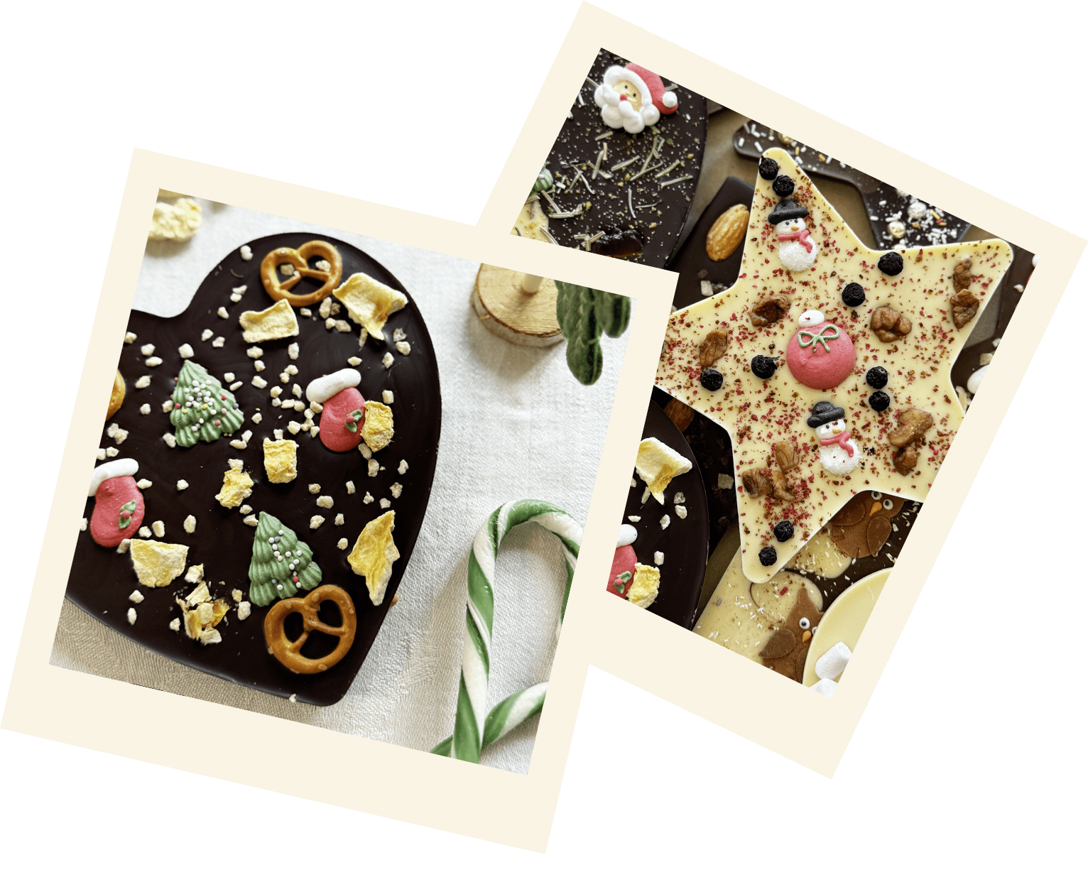 2 Polaroid-Bilder, die Schokolade in Sternform und Herzform mit bunten Toppings zeigen.