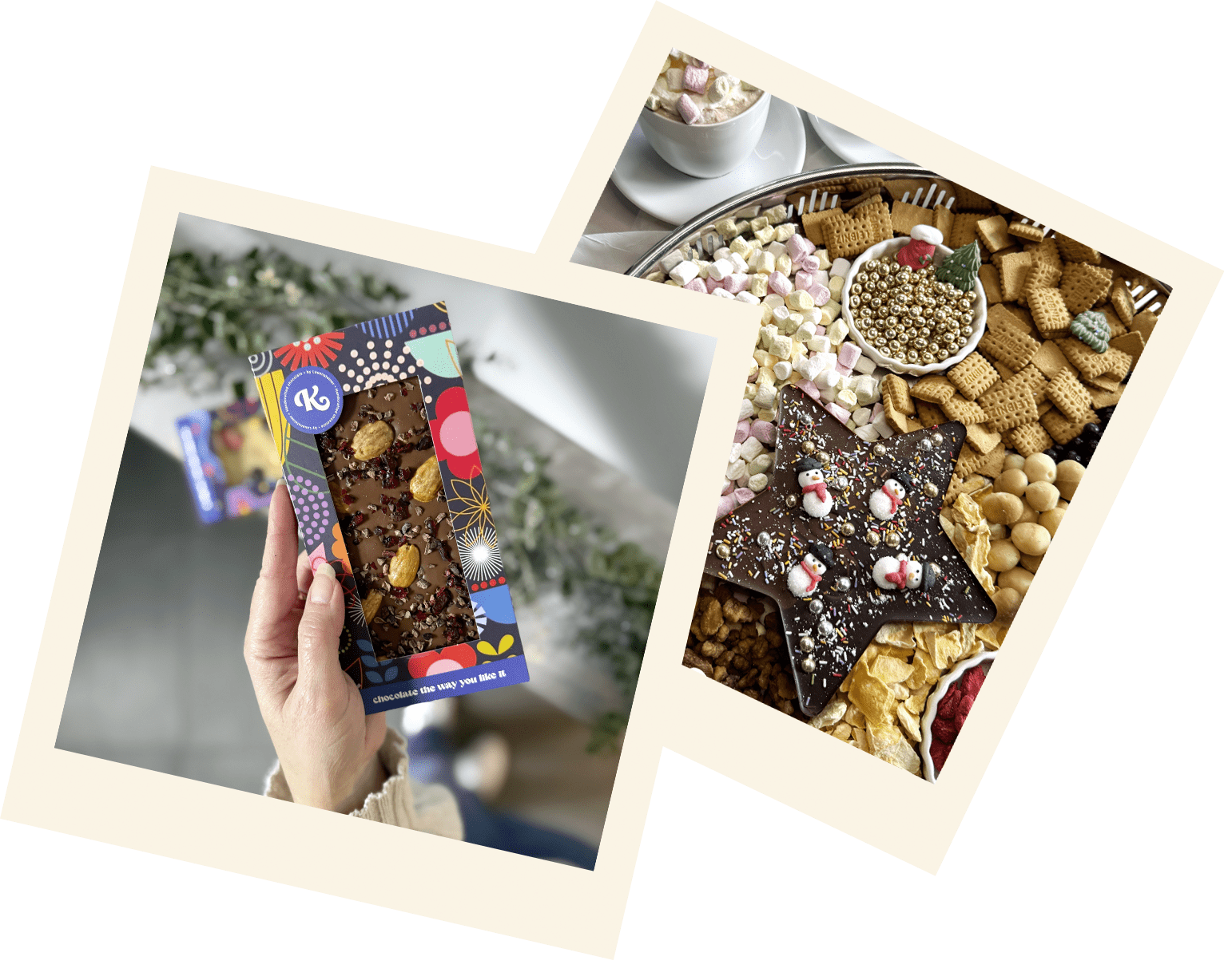 2 Polaroid-Bilder, die Schokolade in Sternform und Herzform mit bunten Toppings zeigen.