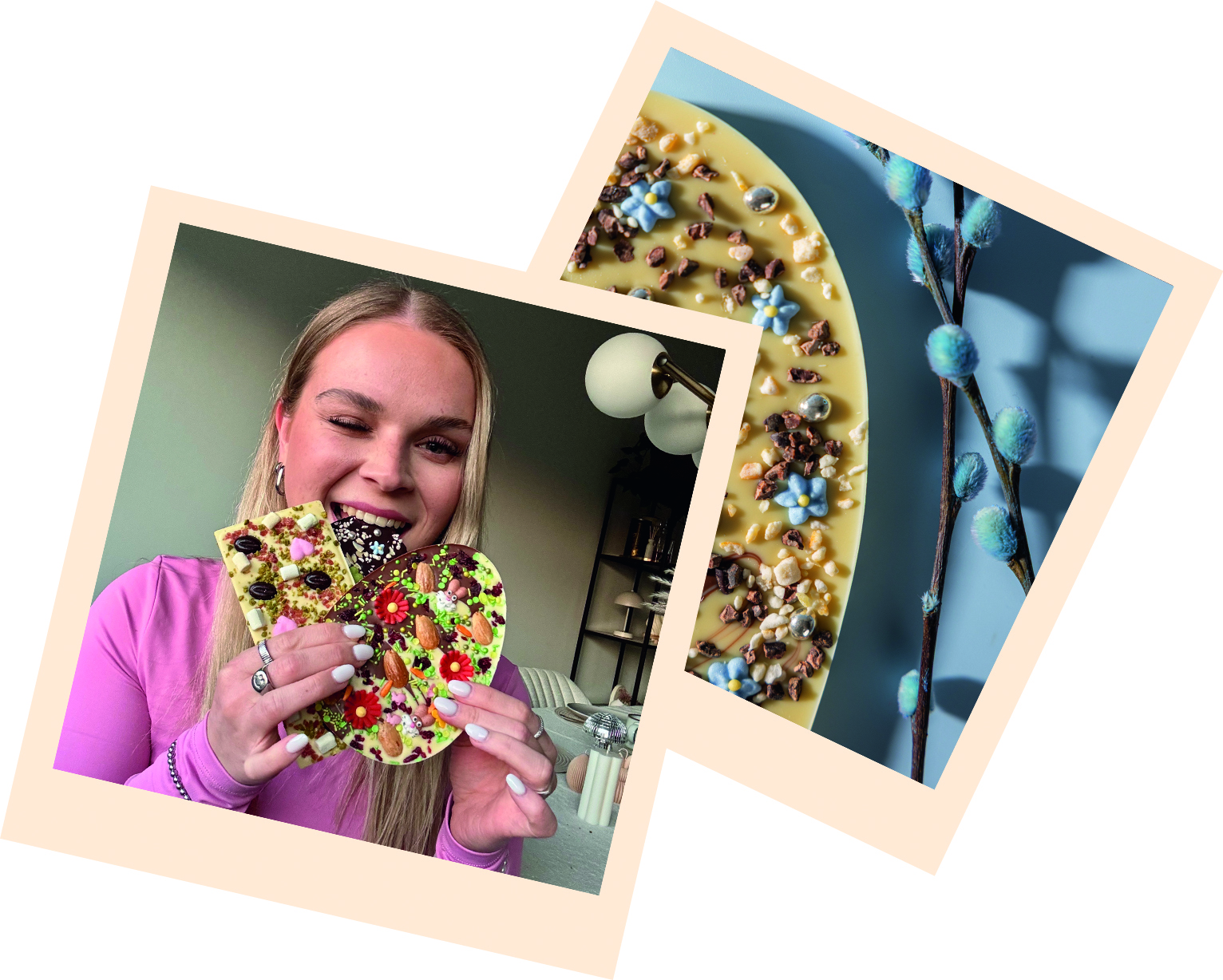 2 Polaroid-Bilder, die Schokolade in Sternform und Herzform mit bunten Toppings zeigen.