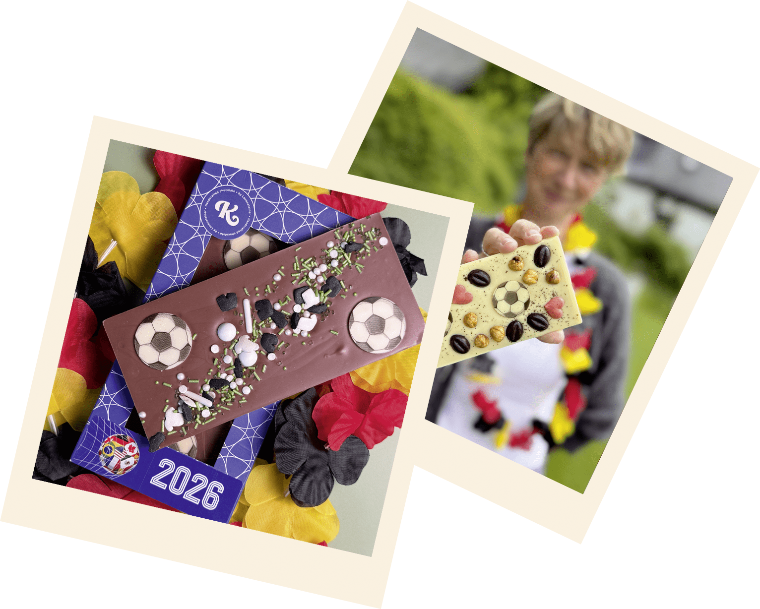 2 Polaroid-Bilder, die Schokolade in Sternform und Herzform mit bunten Toppings zeigen.